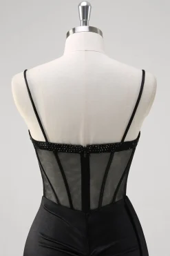Preto Esparguete Correias Cetim Sereia Long Corset Prom Dress com Fenda