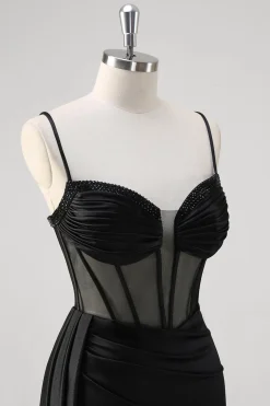 Preto Esparguete Correias Cetim Sereia Long Corset Prom Dress com Fenda