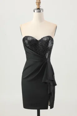 Preto Espartilho sem alças Bodycon frisado Homecoming Dress com fenda
