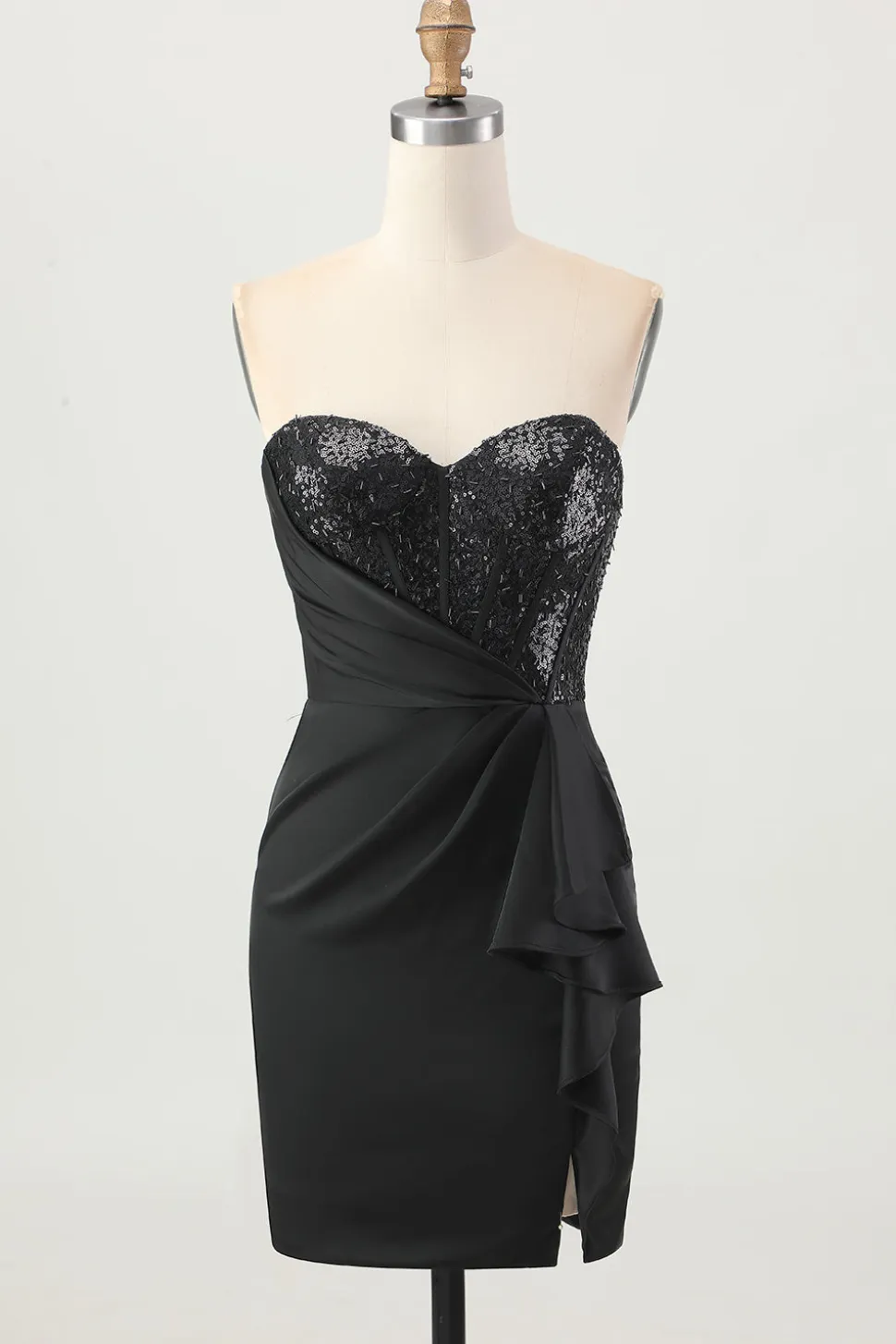 Preto Espartilho sem alças Bodycon frisado Homecoming Dress com fenda