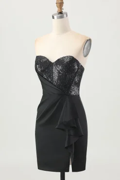Preto Espartilho sem alças Bodycon frisado Homecoming Dress com fenda