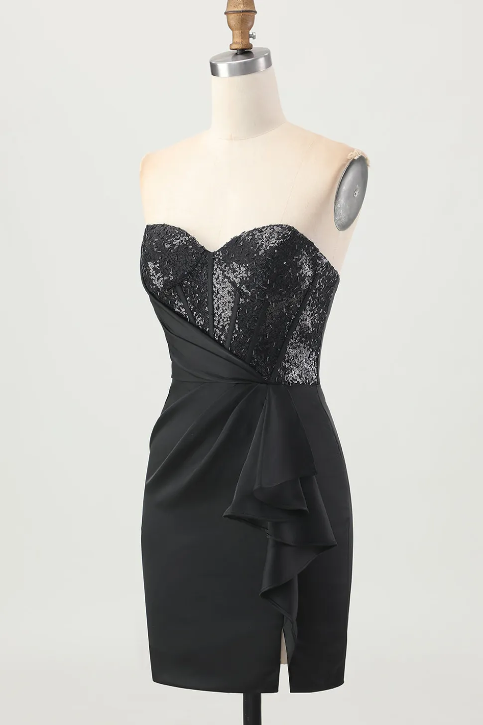 Preto Espartilho sem alças Bodycon frisado Homecoming Dress com fenda