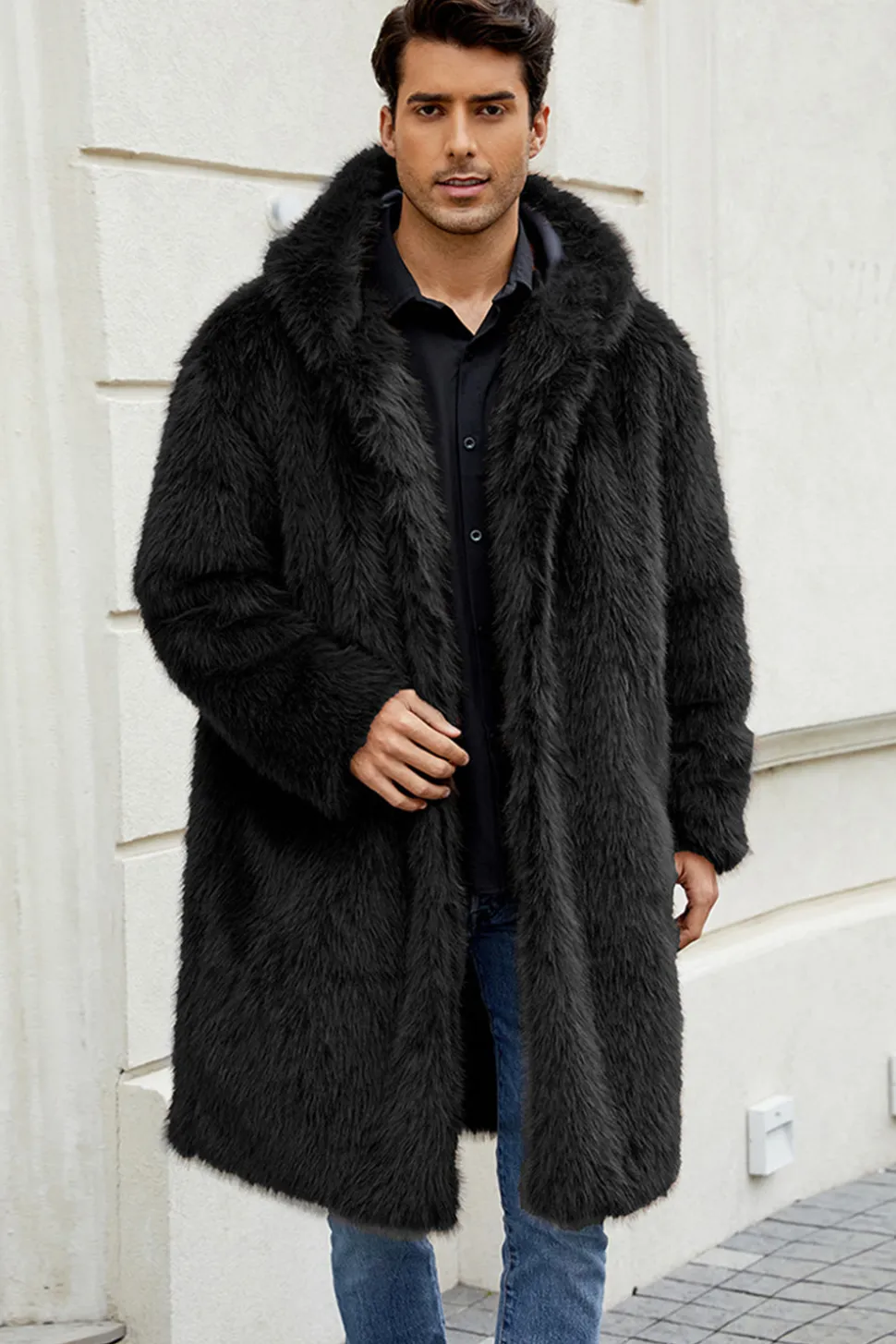 Preto Faux Fur Long Warm inverno Casaco Masculino com Capuz