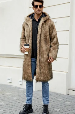 Preto Faux Fur Long Warm inverno Casaco Masculino com Capuz