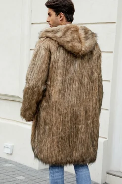 Preto Faux Fur Long Warm inverno Casaco Masculino com Capuz