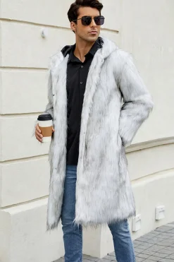 Preto Faux Fur Long Warm inverno Casaco Masculino com Capuz