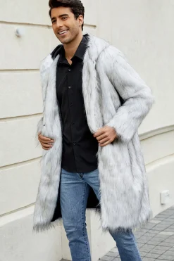 Preto Faux Fur Long Warm inverno Casaco Masculino com Capuz