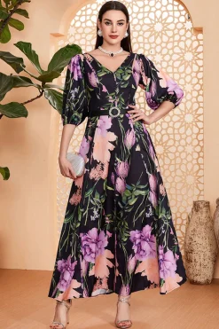 Preto Floral A-Line V Pescoço Meias Mangas Longo Vestido de Baile com Cinto