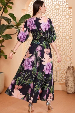 Preto Floral A-Line V Pescoço Meias Mangas Longo Vestido de Baile com Cinto