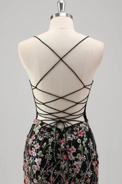 Preto Floral Frisado Sereia Esparguete Correias Tulle Prom Dress