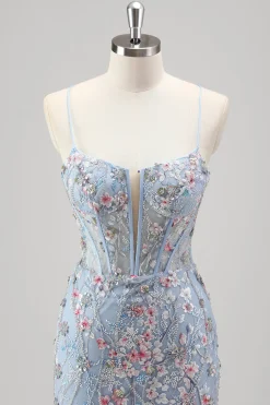 Preto Floral Frisado Sereia Esparguete Correias Tulle Prom Dress