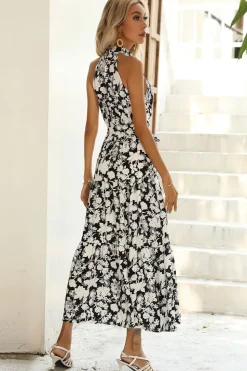 Preto Floral Linha-A Pescoço Alto Vestido de verão