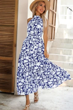 Preto Floral Linha-A Pescoço Alto Vestido de verão