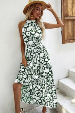 Preto Floral Linha-A Pescoço Alto Vestido de verão