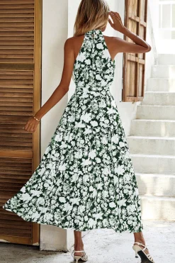 Preto Floral Linha-A Pescoço Alto Vestido de verão