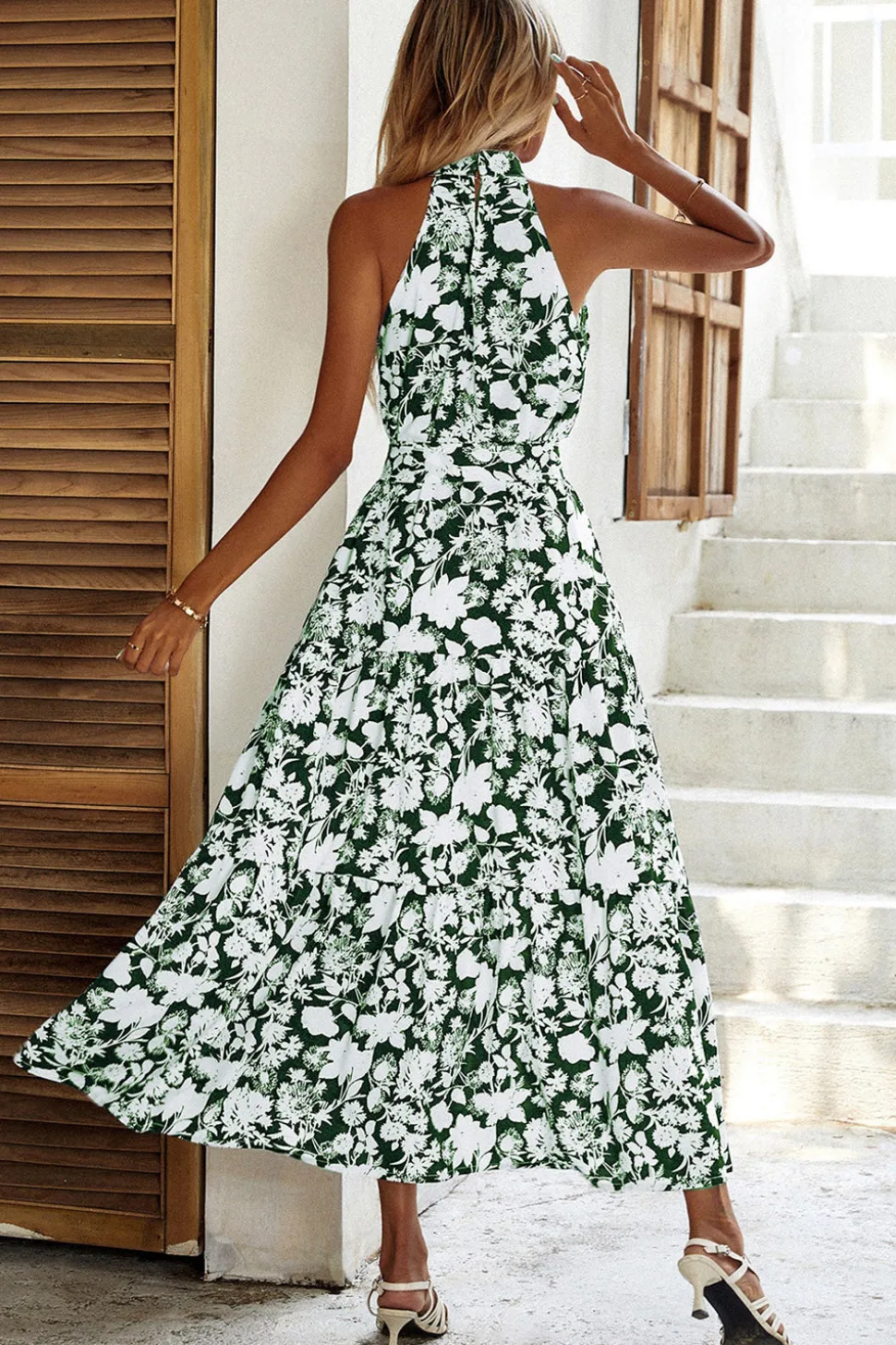 Preto Floral Linha-A Pescoço Alto Vestido de verão