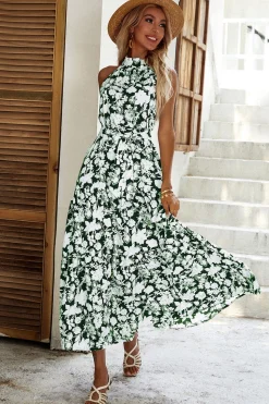 Preto Floral Linha-A Pescoço Alto Vestido de verão