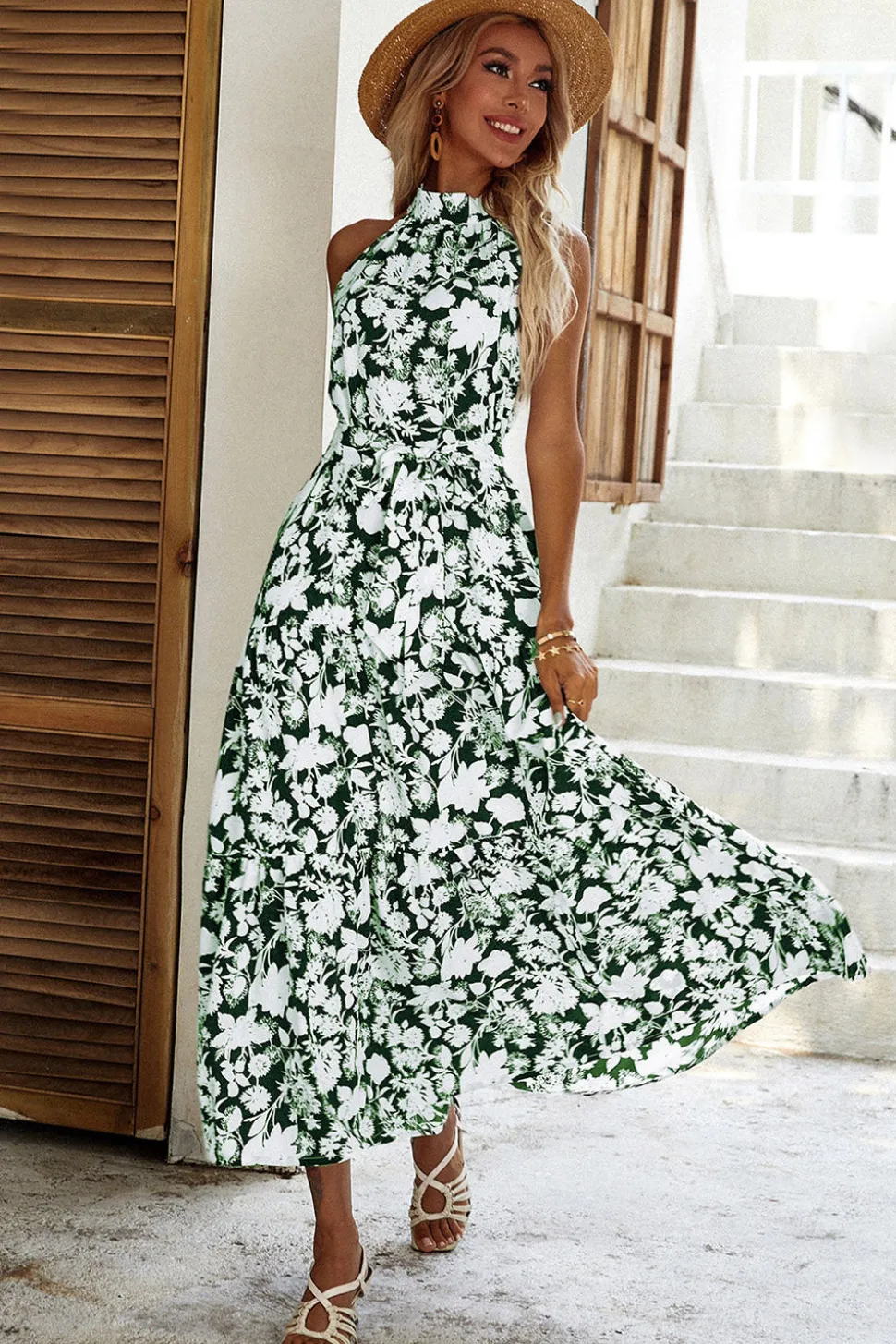 Preto Floral Linha-A Pescoço Alto Vestido de verão