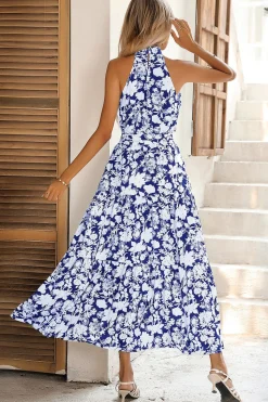 Preto Floral Linha-A Pescoço Alto Vestido de verão