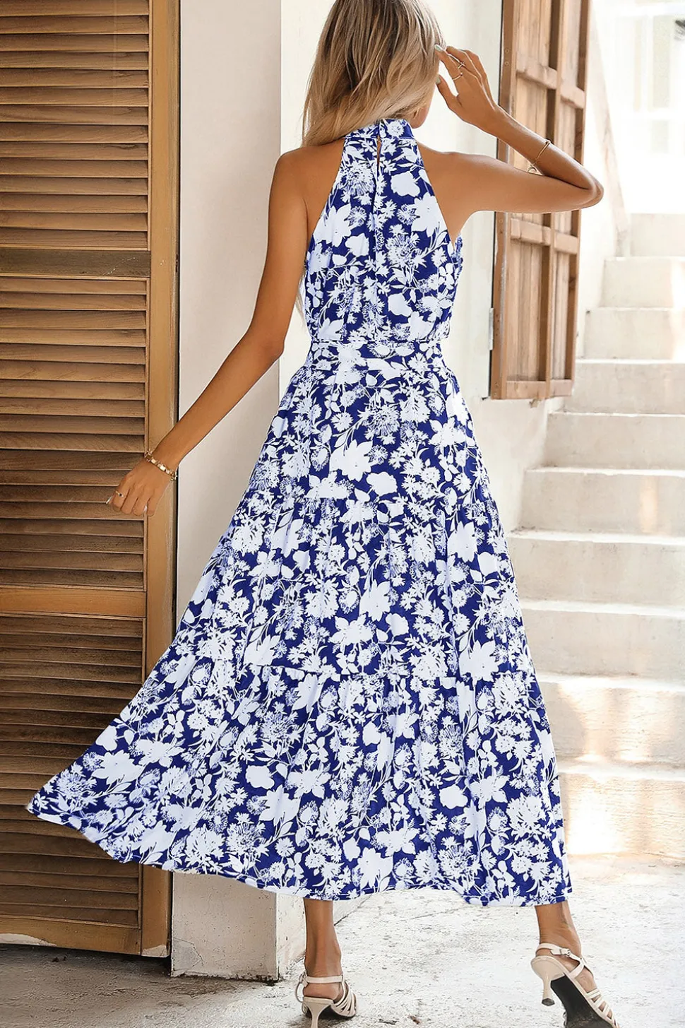 Preto Floral Linha-A Pescoço Alto Vestido de verão
