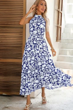 Preto Floral Linha-A Pescoço Alto Vestido de verão