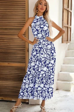 Preto Floral Linha-A Pescoço Alto Vestido de verão