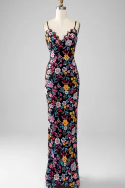 Preto Floral Sereia Esparguete Correias Longo Vestido de Baile Com Bordado