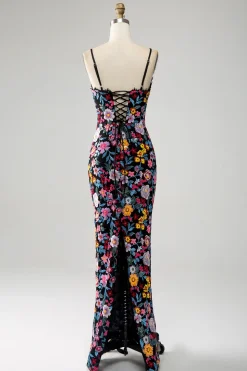 Preto Floral Sereia Esparguete Correias Longo Vestido de Baile Com Bordado