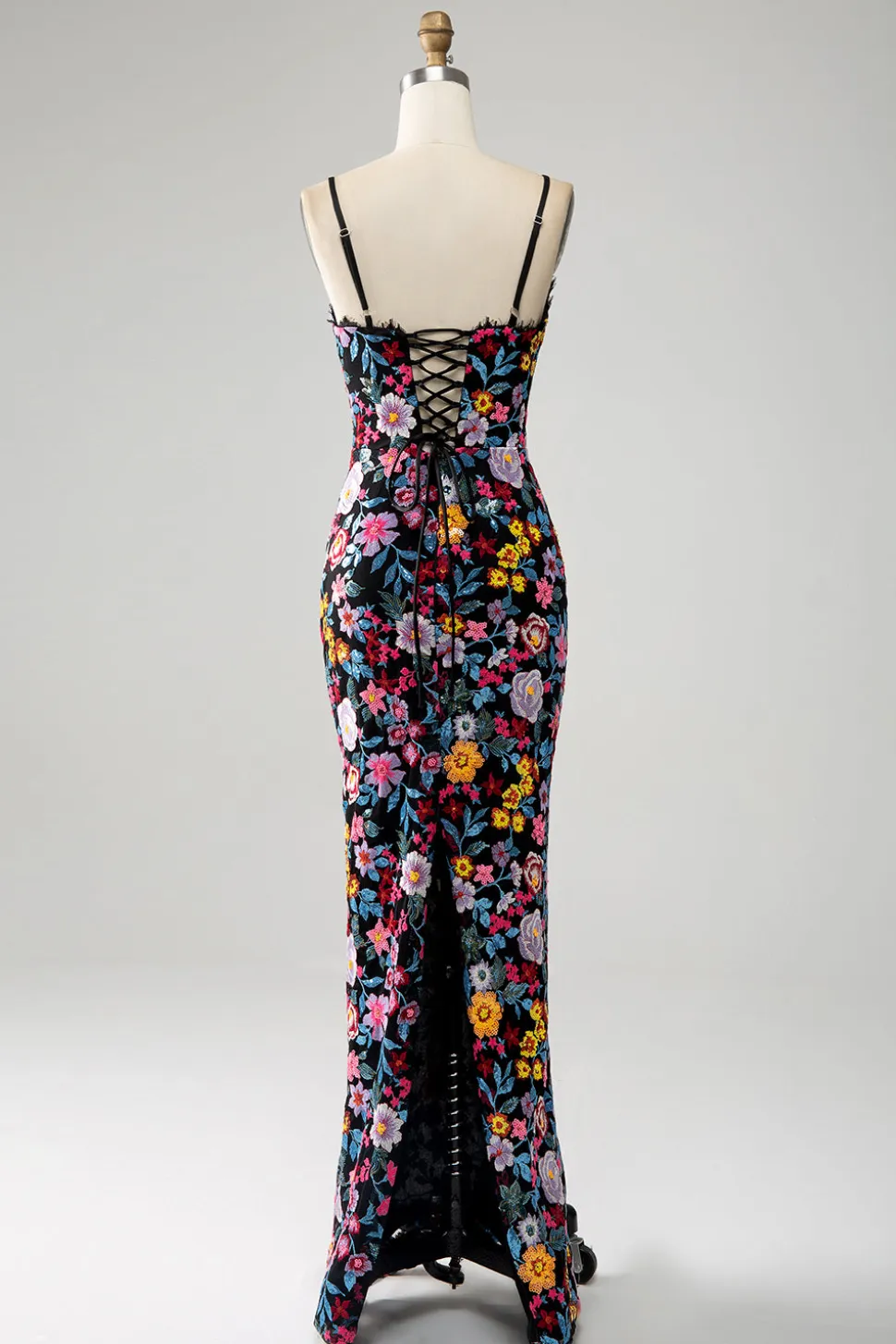 Preto Floral Sereia Esparguete Correias Longo Vestido de Baile Com Bordado