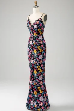 Preto Floral Sereia Esparguete Correias Longo Vestido de Baile Com Bordado