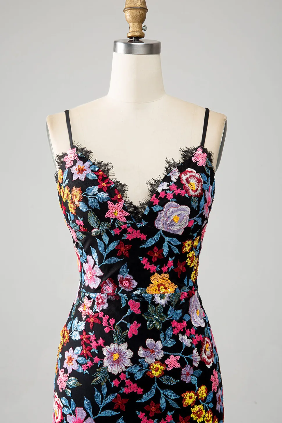 Preto Floral Sereia Esparguete Correias Longo Vestido de Baile Com Bordado