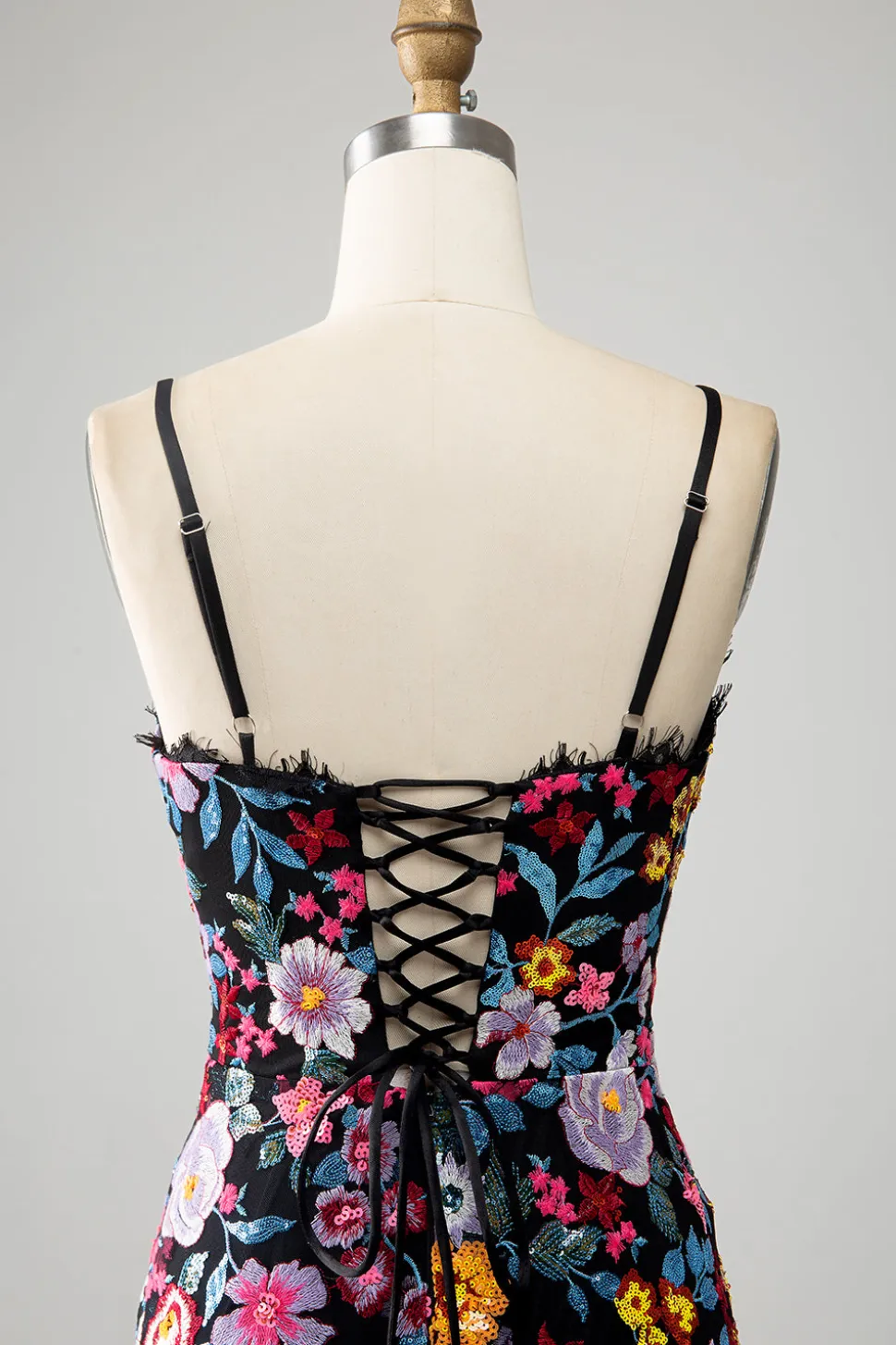 Preto Floral Sereia Esparguete Correias Longo Vestido de Baile Com Bordado