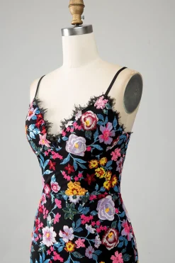 Preto Floral Sereia Esparguete Correias Longo Vestido de Baile Com Bordado