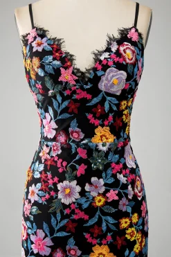 Preto Floral Sereia Esparguete Correias Longo Vestido de Baile Com Bordado