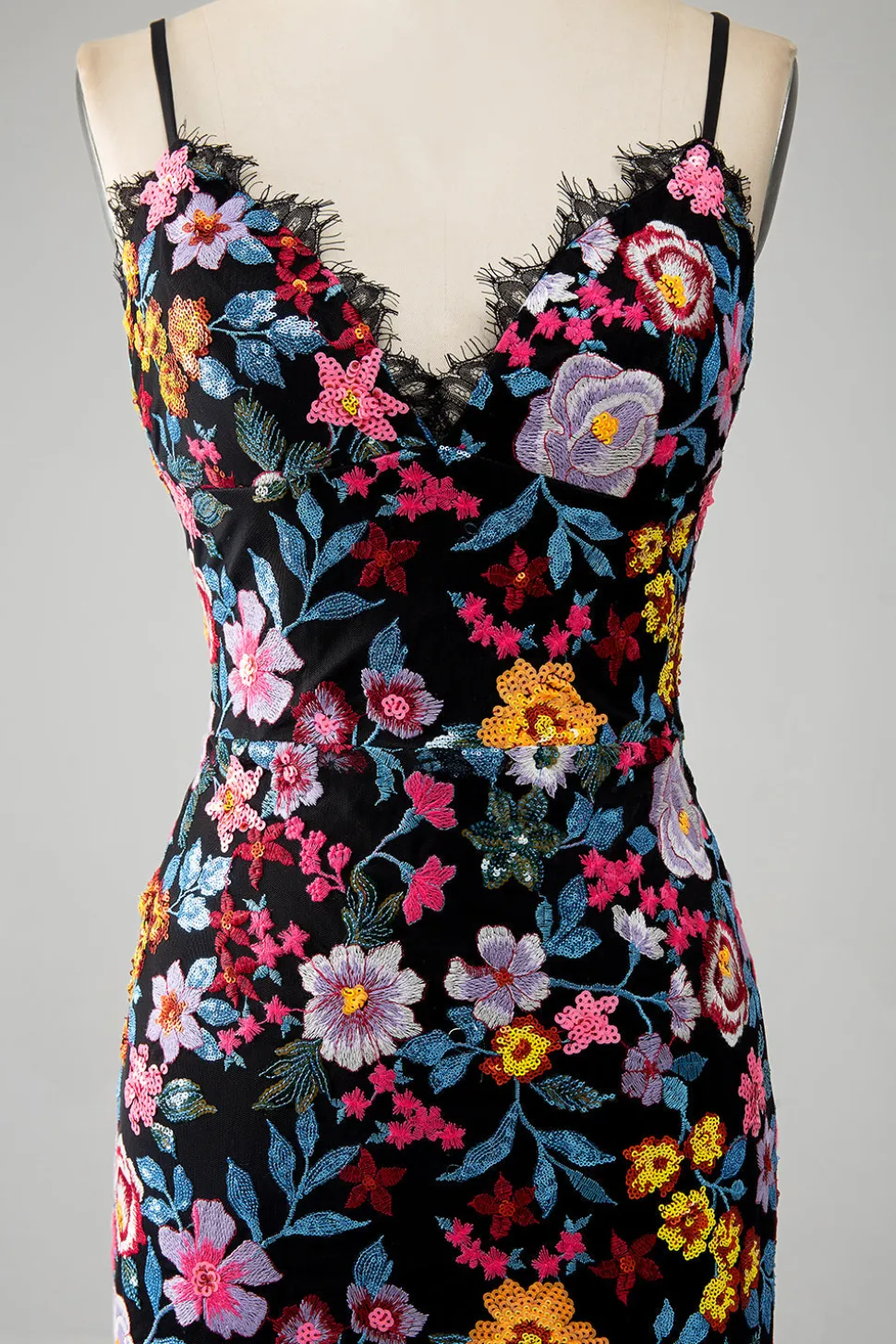 Preto Floral Sereia Esparguete Correias Longo Vestido de Baile Com Bordado