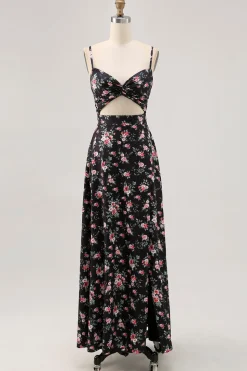 Preto Flores Bainha Alças Finas Longos Vestido Para Casamento Convidada