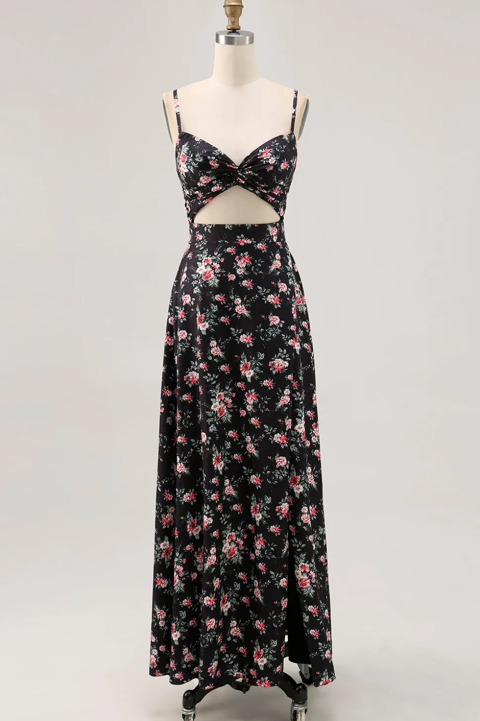 Preto Flores Bainha Alças Finas Longos Vestido Para Casamento Convidada