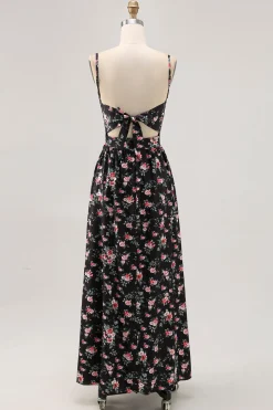Preto Flores Bainha Alças Finas Longos Vestido Para Casamento Convidada