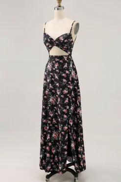 Preto Flores Bainha Alças Finas Longos Vestido Para Casamento Convidada