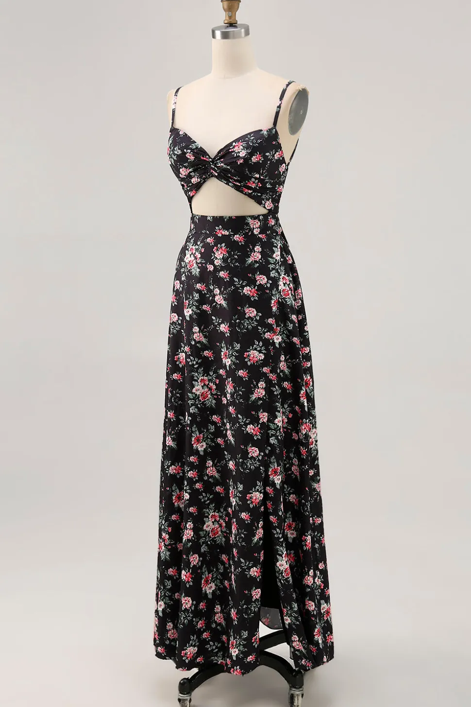 Preto Flores Bainha Alças Finas Longos Vestido Para Casamento Convidada