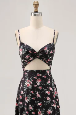 Preto Flores Bainha Alças Finas Longos Vestido Para Casamento Convidada