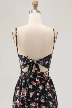 Preto Flores Bainha Alças Finas Longos Vestido Para Casamento Convidada
