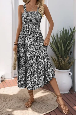 Preto Flores Pescoço Quadrado Midi Vestido de Verão