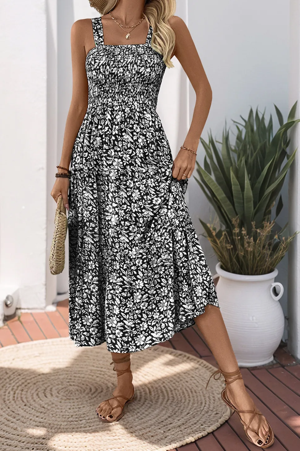 Preto Flores Pescoço Quadrado Midi Vestido de Verão