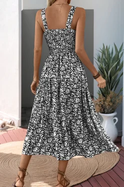 Preto Flores Pescoço Quadrado Midi Vestido de Verão