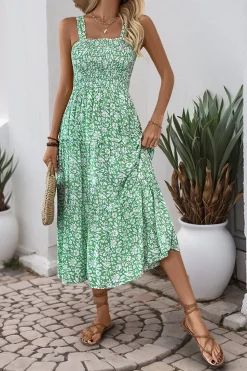 Preto Flores Pescoço Quadrado Midi Vestido de Verão