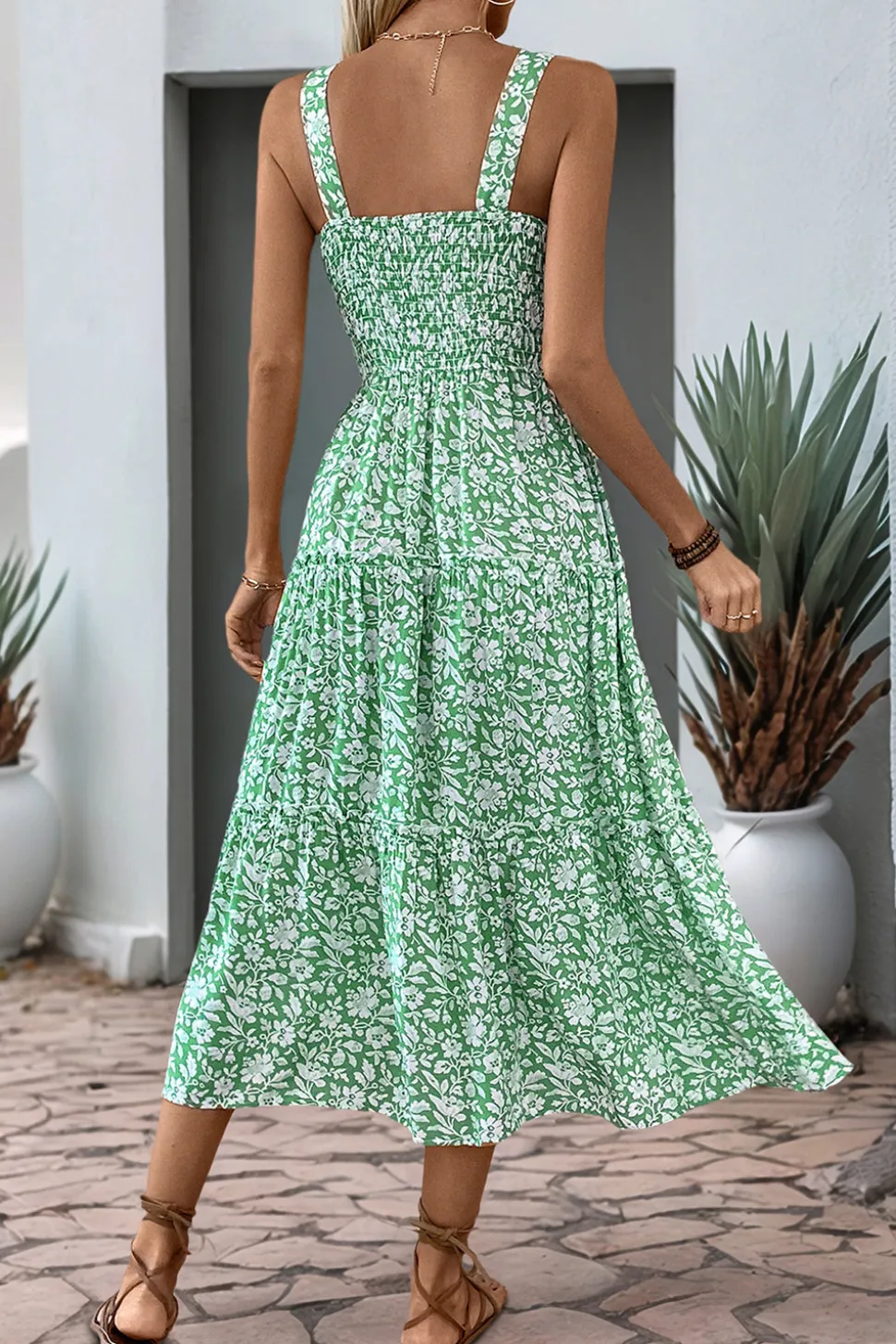 Preto Flores Pescoço Quadrado Midi Vestido de Verão