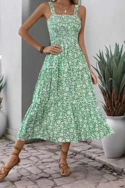 Preto Flores Pescoço Quadrado Midi Vestido de Verão