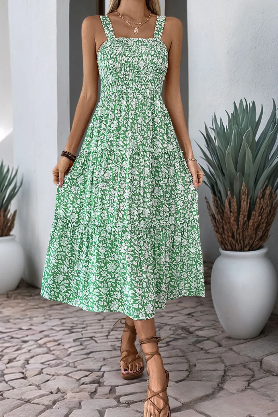 Preto Flores Pescoço Quadrado Midi Vestido de Verão