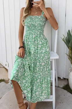 Preto Flores Pescoço Quadrado Midi Vestido de Verão